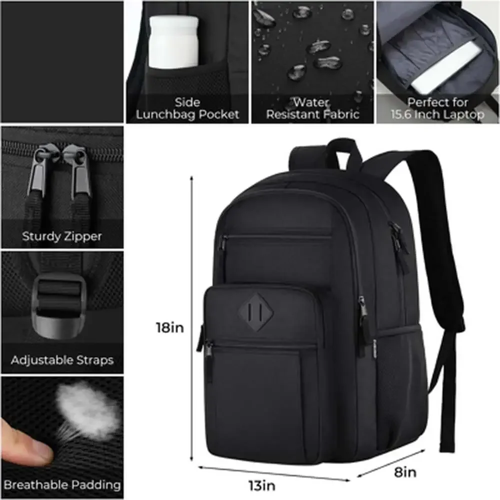 Unisex Black Backpack for School Lightweight Fits 15.6 Inch Laptop Water Bottle